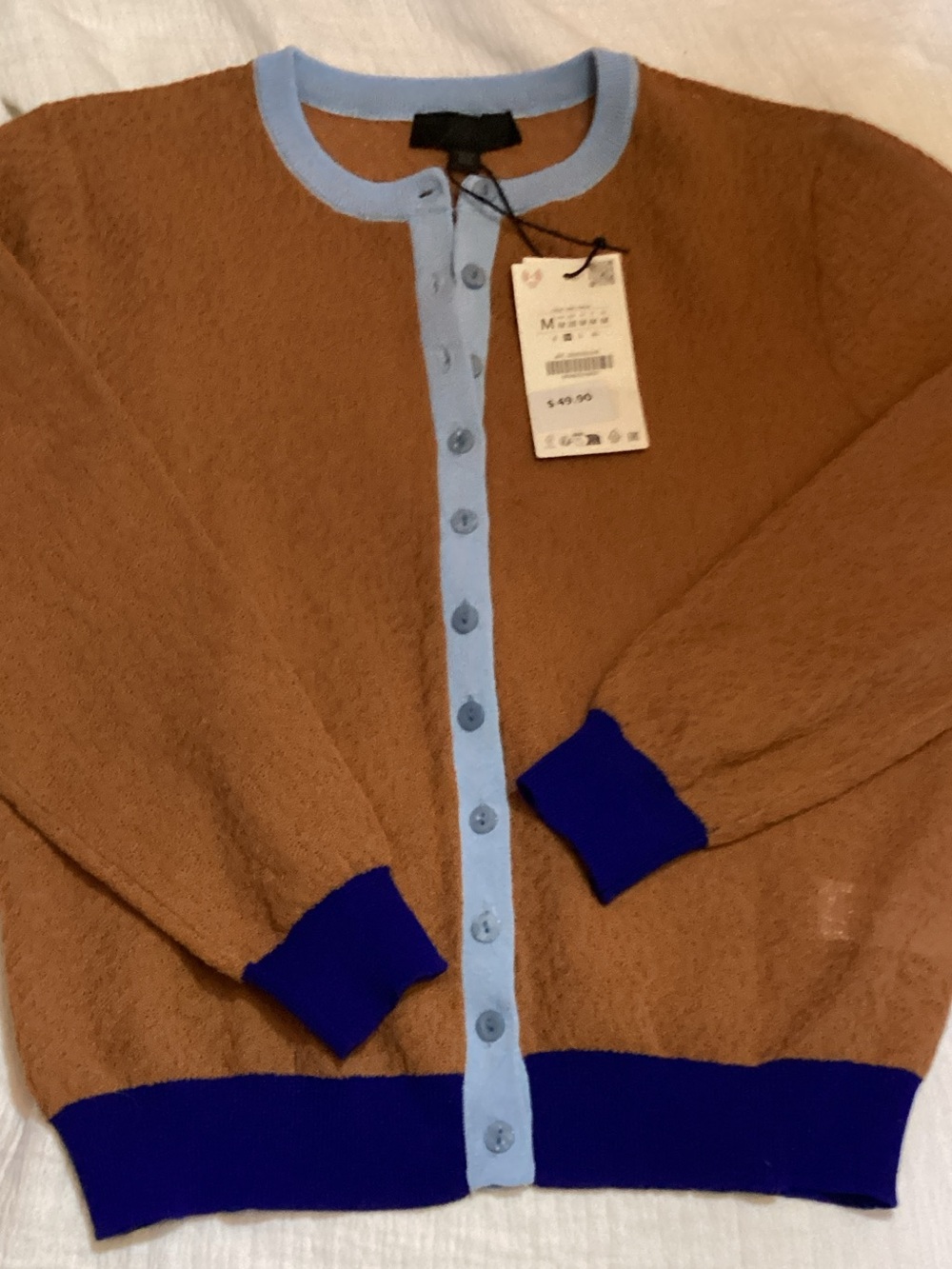 Zara Brown Cardigan with Light Blue Placket and Royal Blue Trim
